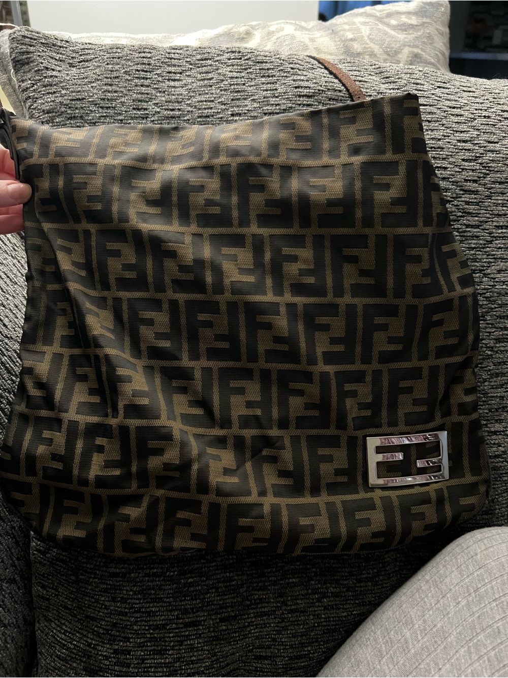 Fendi Brown Monogram Canvas Messenger Bag with Metal Logo Plaque